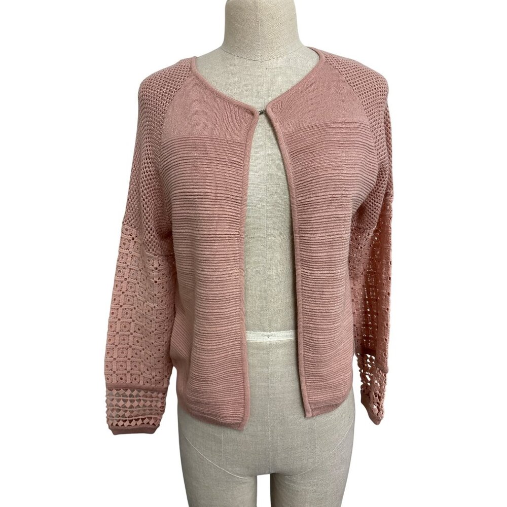 Open Front Dust Rose Pink Crochet Sleeve Cardigan Sweater Women’s M